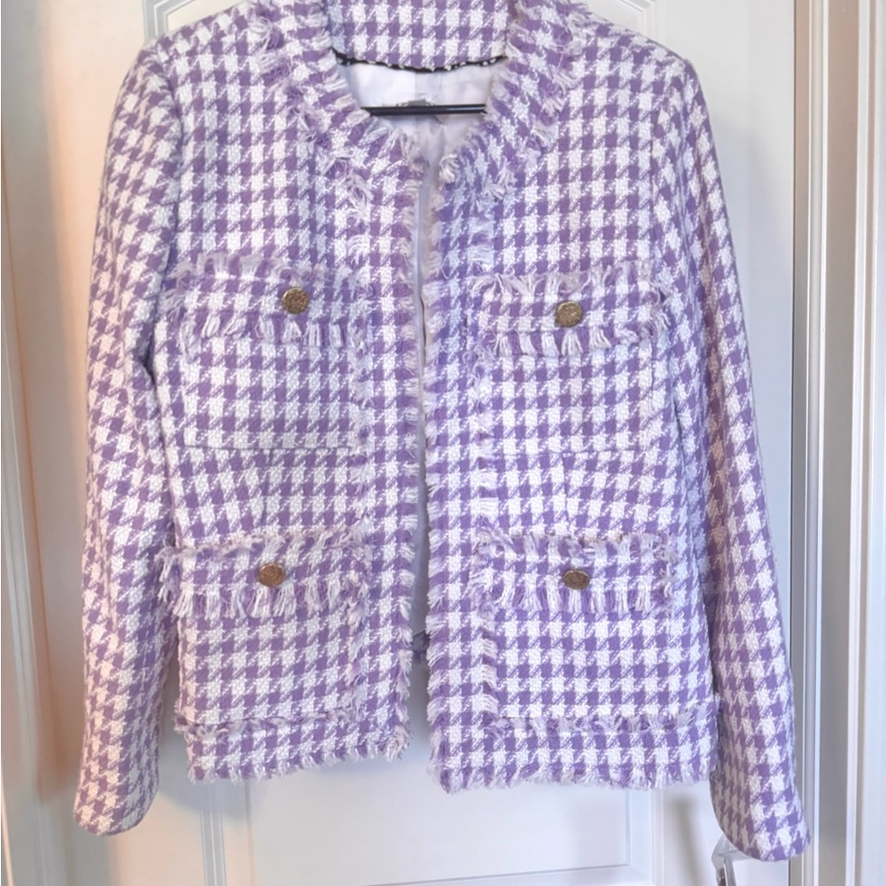 Nanette Lepore Purple and White Houndstooth Tweed Blazer